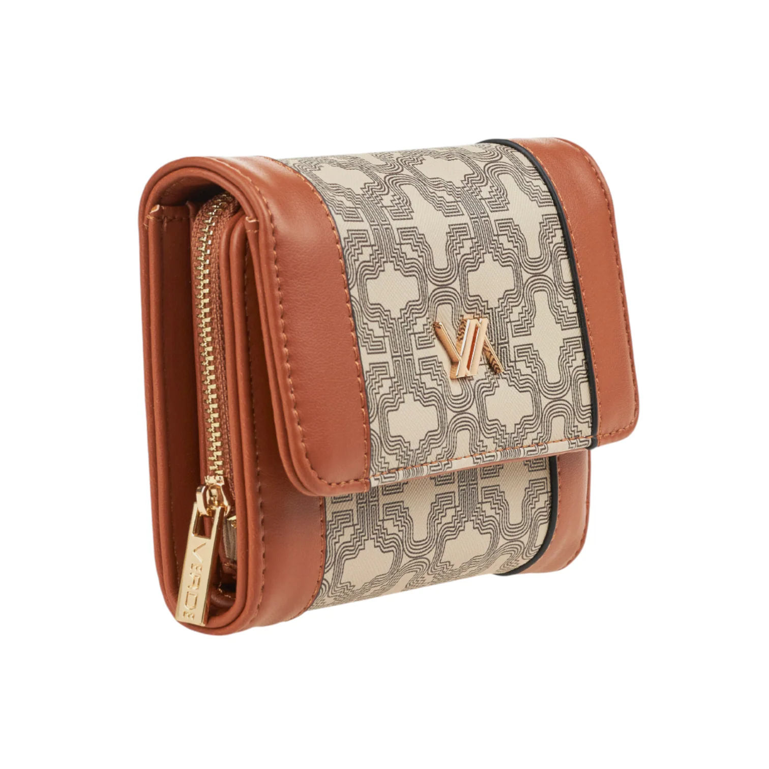 Γυναικείο μπεζ πορτοφόλι Verde 18-0001578 με monogram print και ταμπά λεπτομέρειες