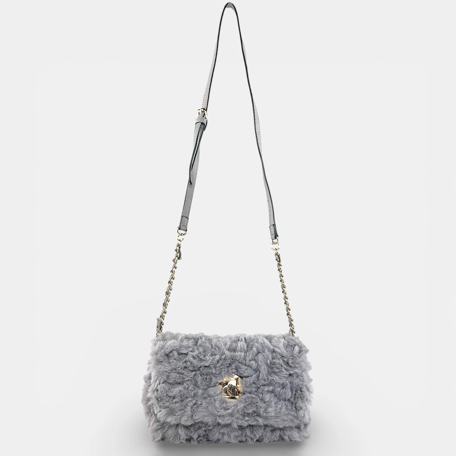 Γυναικεία τσάντα χιαστί Verde γούνινη σε γκρι χρώμα με απαλή υφή