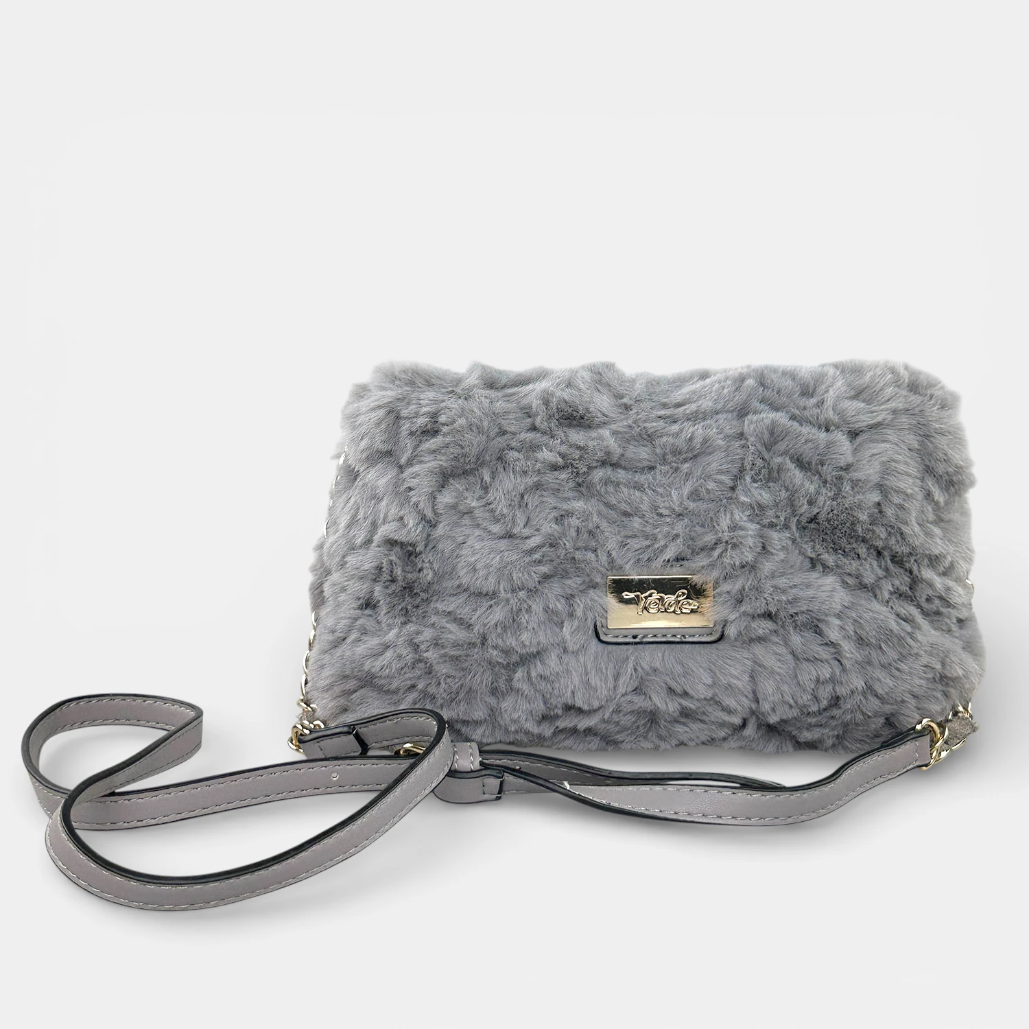 Γυναικεία τσάντα χιαστί Verde γούνινη σε γκρι χρώμα με απαλή υφή