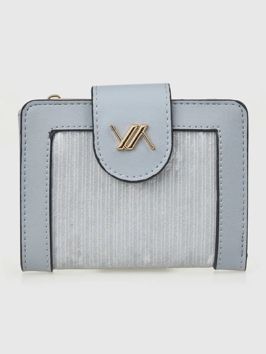 Γυναικείο μπλε πορτοφόλι Verde 18-0001578 compact με χρυσό λογότυπο και φερμουάρ