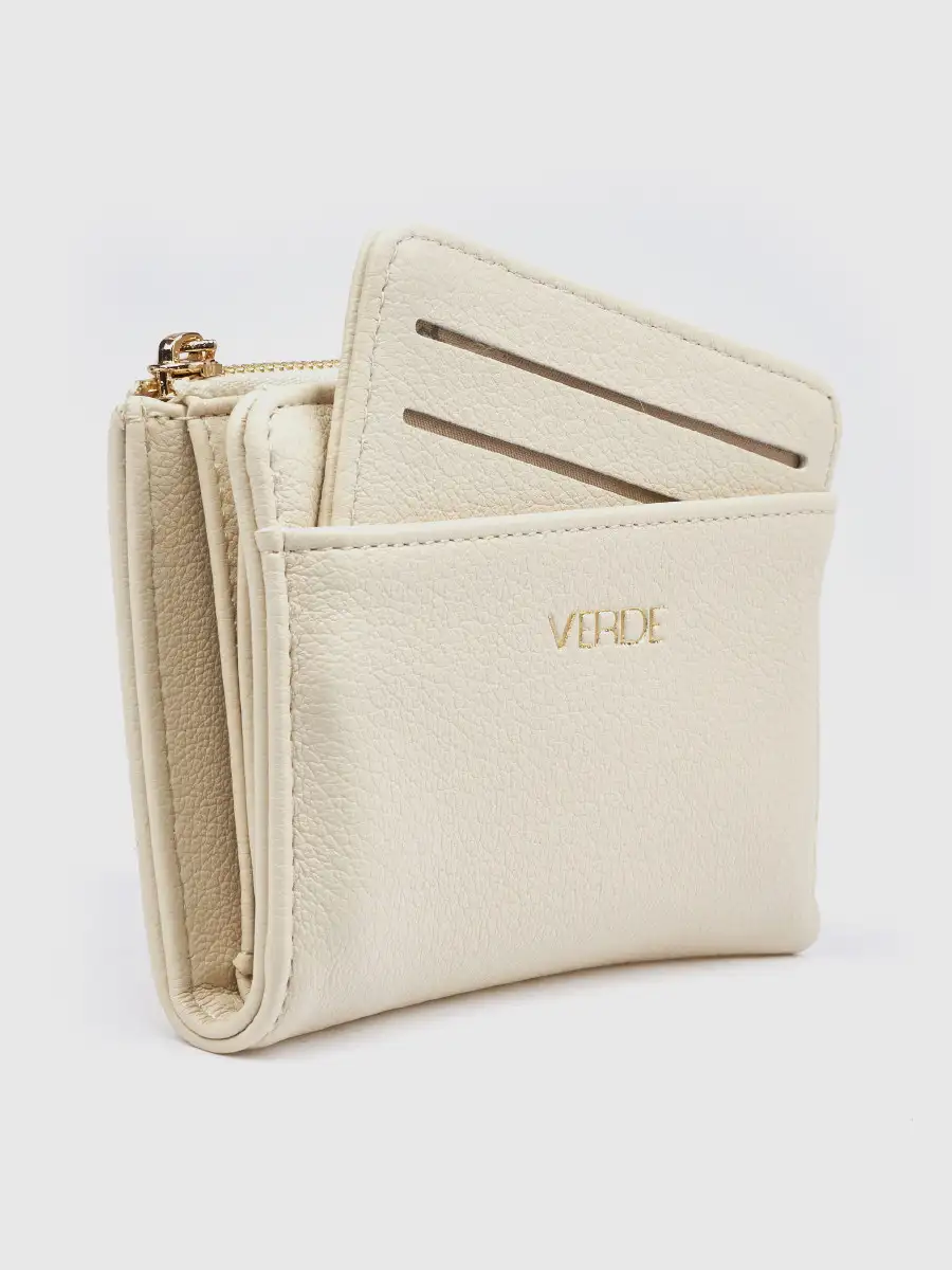Γυναικείο εκρού πορτοφόλι Verde 18-0001624 με αποσπώμενη καρτοθήκη και χρυσό λογότυπο