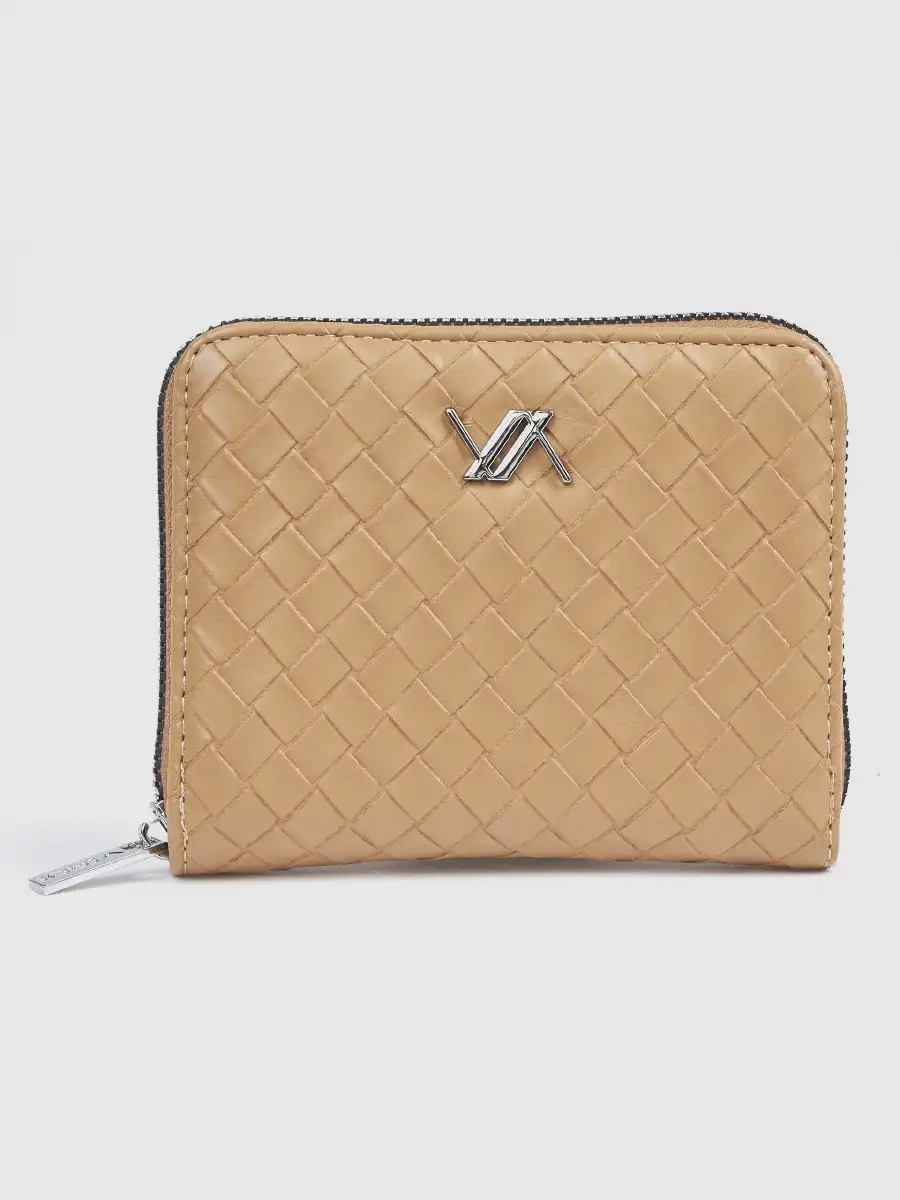 Γυναικείο μπεζ πορτοφόλι Verde 18-0001626 με ανάγλυφη πλέξη και περιμετρικό φερμουάρ