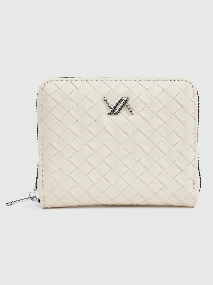 Γυναικείο εκρού πορτοφόλι Verde 18-0001626 με ανάγλυφη πλέξη και περιμετρικό φερμουάρ