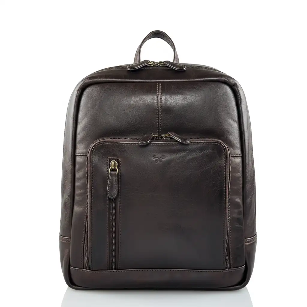 Δερμάτινο καφέ σακίδιο πλάτης Calfnero με μπροστινές θήκες φερμουάρ