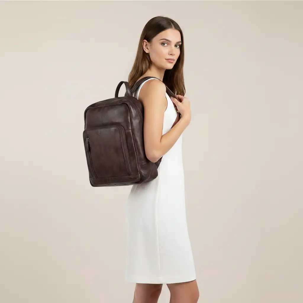 Δερμάτινο καφέ σακίδιο πλάτης Calfnero με μπροστινές θήκες φερμουάρ