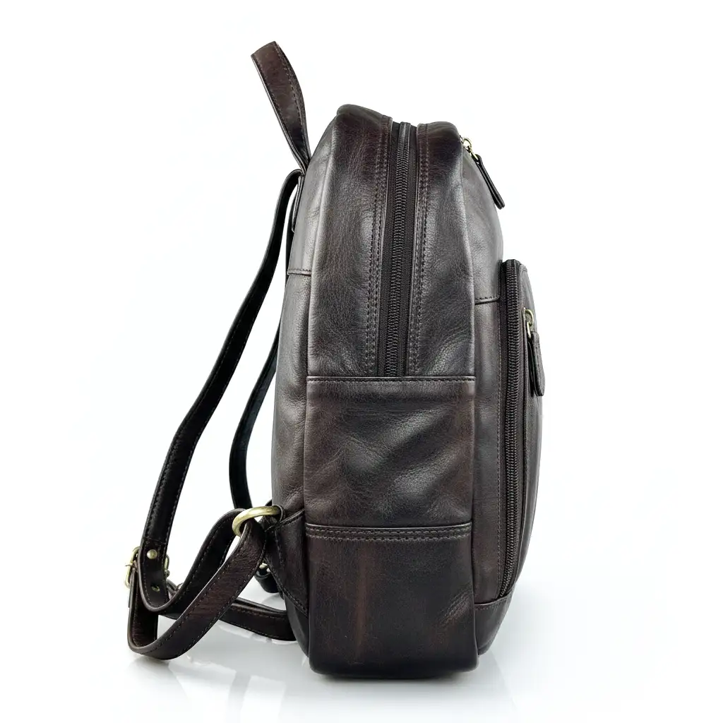 Δερμάτινο καφέ σακίδιο πλάτης Calfnero με μπροστινές θήκες φερμουάρ