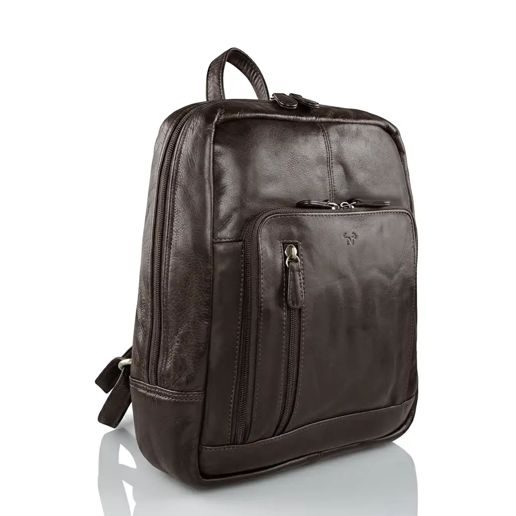Δερμάτινο καφέ σακίδιο πλάτης Calfnero με μπροστινές θήκες φερμουάρ