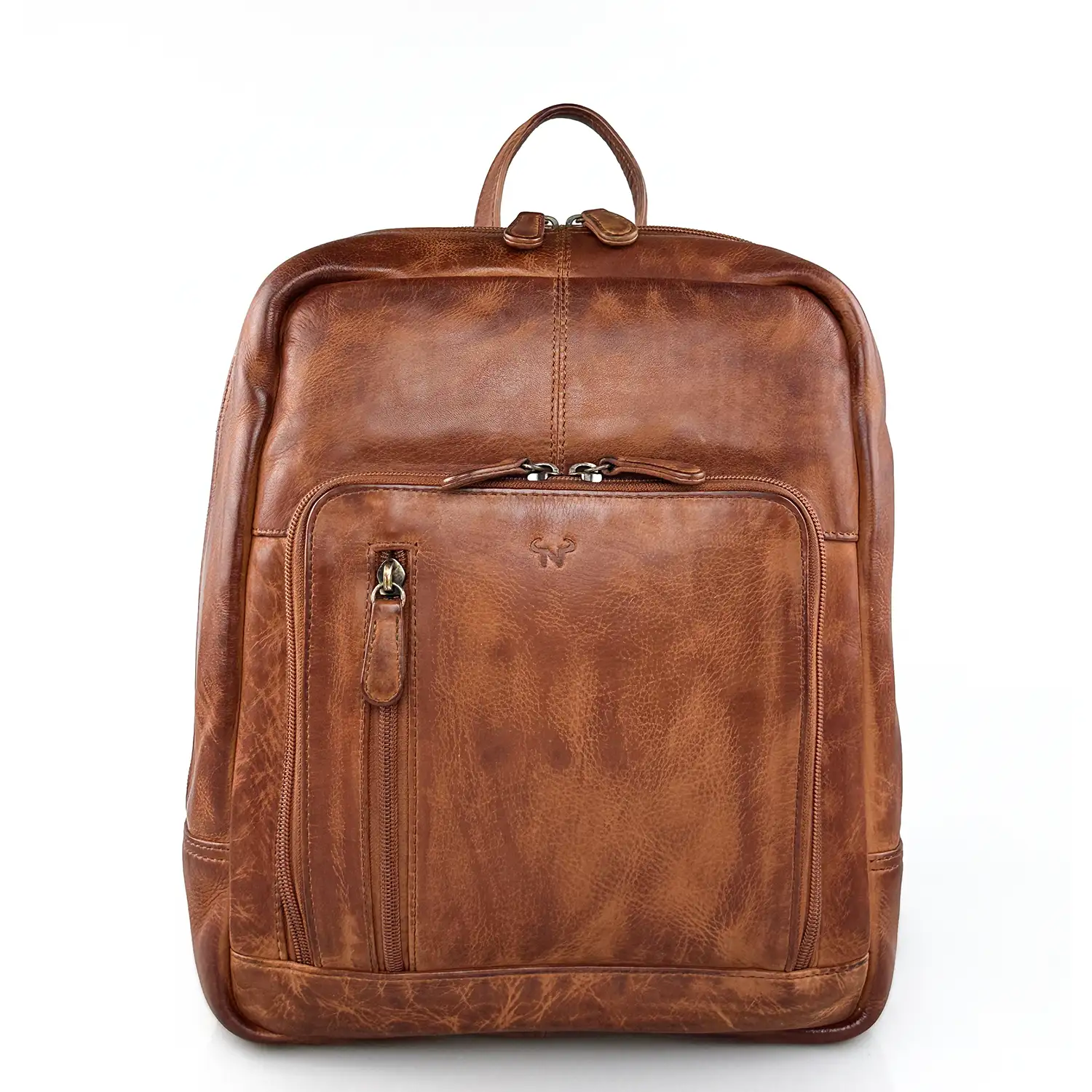 Δερμάτινο σακίδιο πλάτης κονιάκ Calfnero με μπροστινές θήκες φερμουάρ