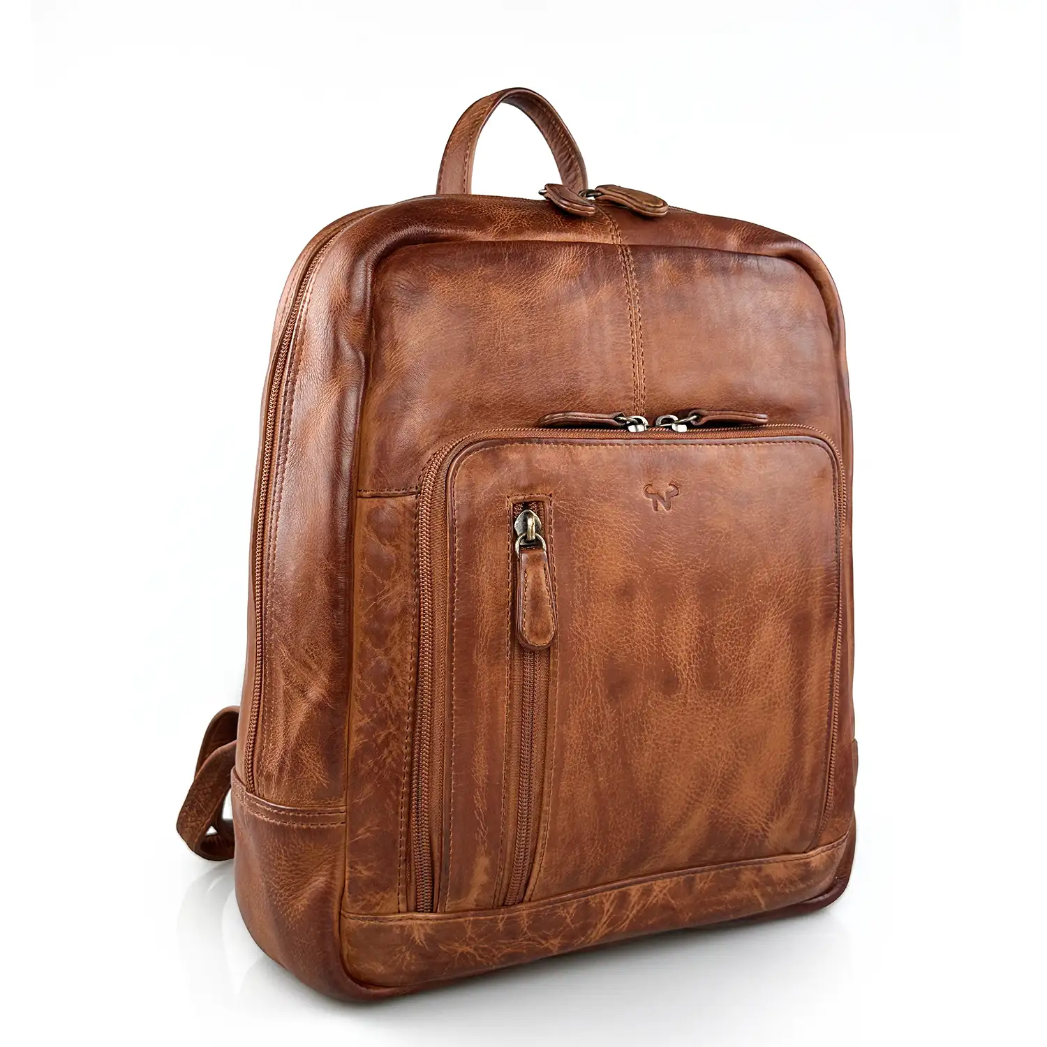 Δερμάτινο σακίδιο πλάτης κονιάκ Calfnero με μπροστινές θήκες φερμουάρ