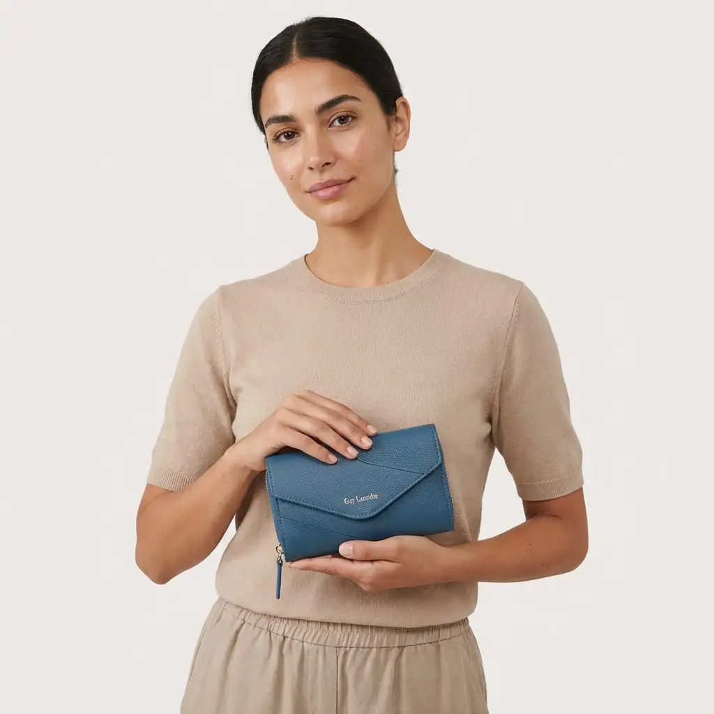 Γυναικείο δερμάτινο πορτοφόλι Guy Laroche 24812 σε μπλε χρώμα με εξωτερική θήκη φερμουάρ