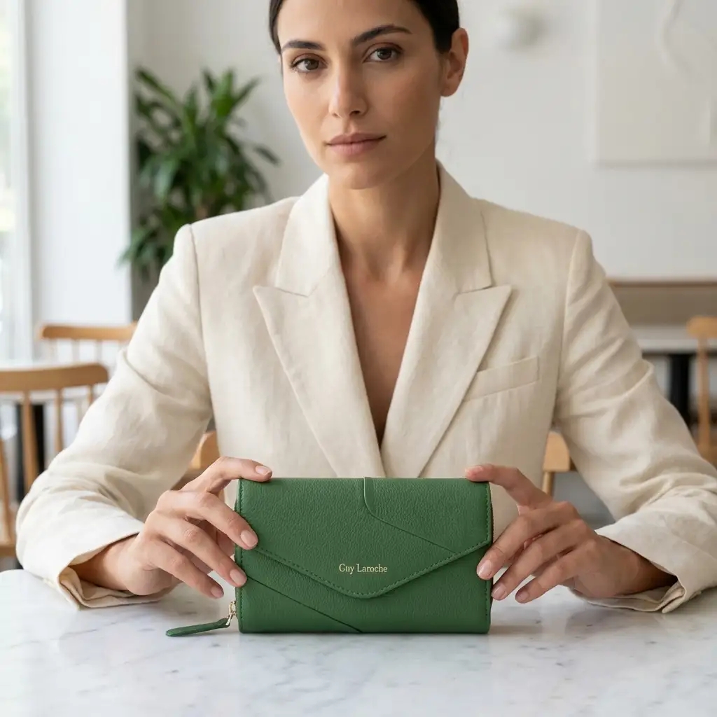 Γυναικείο δερμάτινο πορτοφόλι Guy Laroche 24812 σε πράσινο χρώμα με εξωτερική θήκη φερμουάρ