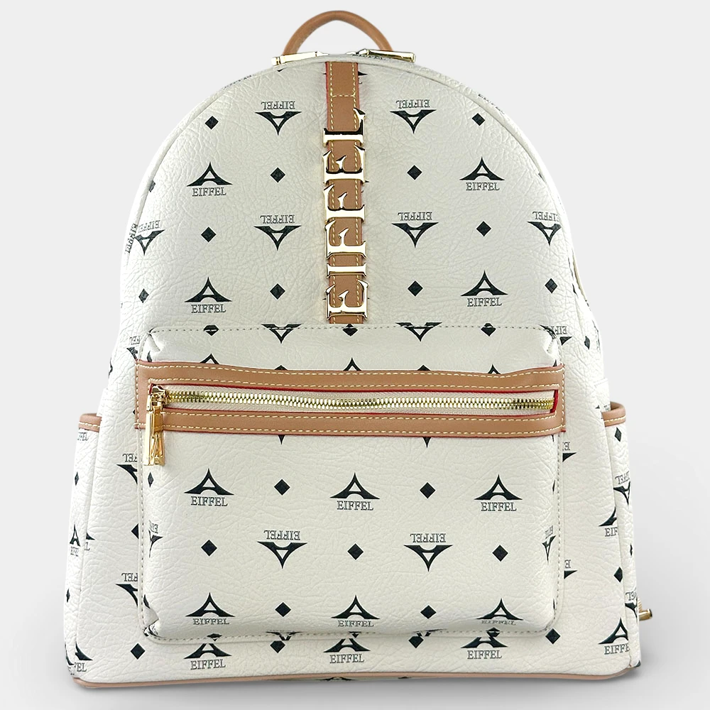Σακίδιο πλάτης γυναικείο μεγάλο εκρού La Tour Eiffel με δερμάτινες λεπτομέρειες