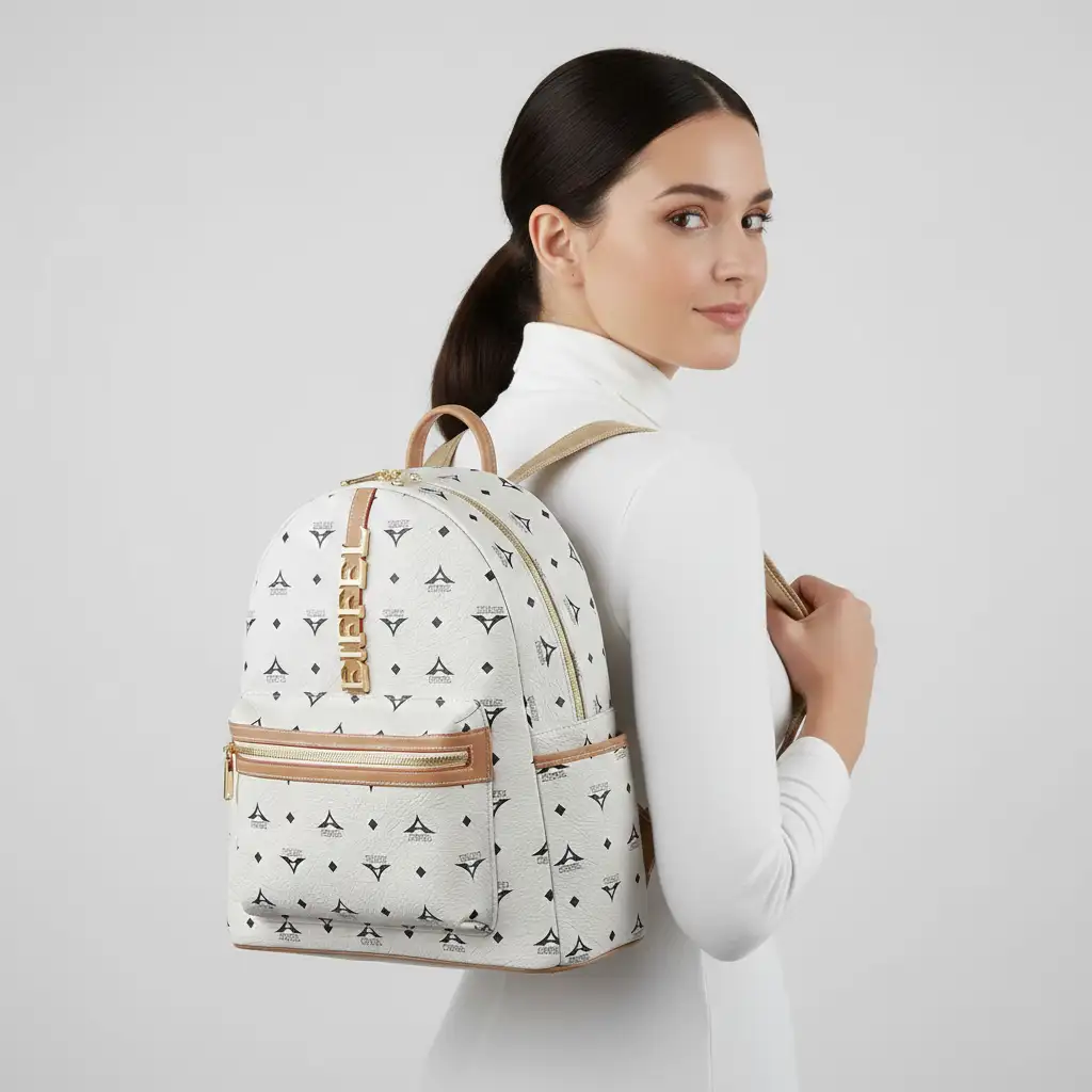 Σακίδιο πλάτης γυναικείο μεγάλο εκρού La Tour Eiffel με δερμάτινες λεπτομέρειες