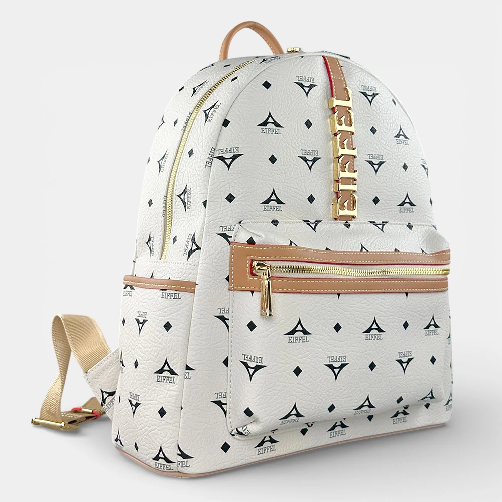 Σακίδιο πλάτης γυναικείο μεγάλο εκρού La Tour Eiffel με δερμάτινες λεπτομέρειες