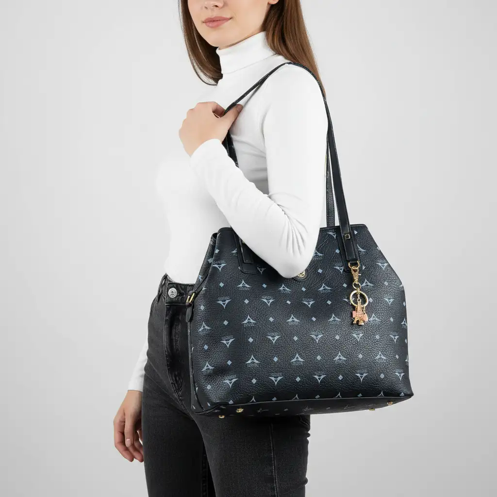 Τσάντα γυναικεία ώμου μαύρη La Tour Eiffel με δερμάτινες λεπτομέρειες και μπρελόκ