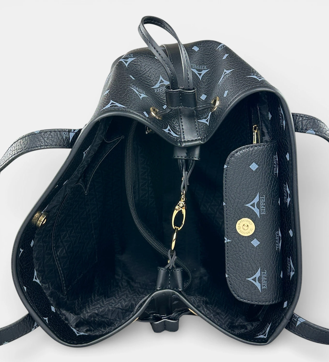 Τσάντα γυναικεία ώμου μαύρη La Tour Eiffel με δερμάτινες λεπτομέρειες και μπρελόκ