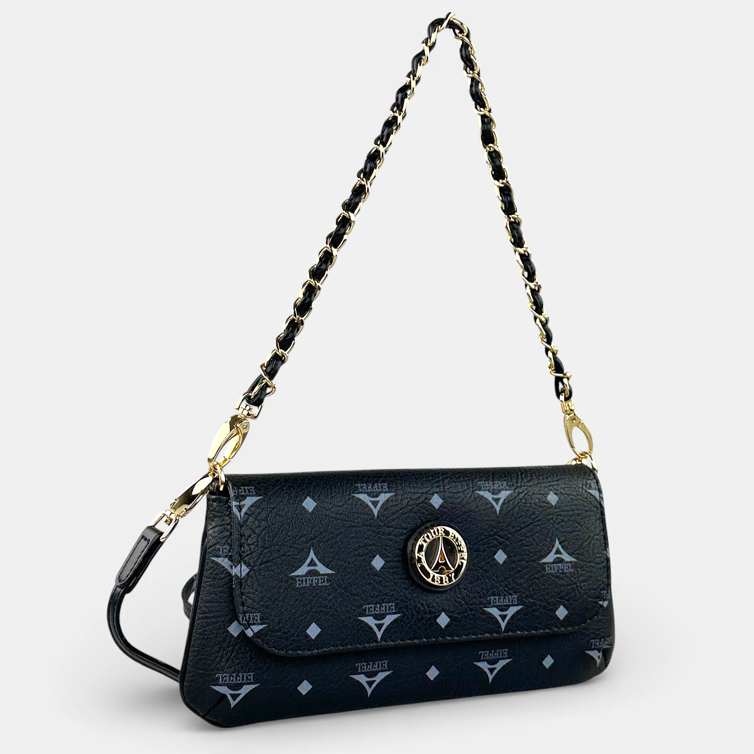 Τσάντα γυναικεία ώμου χιαστί La Tour Eiffel μαύρη με πλεκτή αλυσίδα