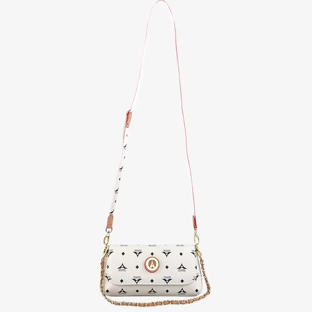 Τσάντα γυναικεία ώμου χιαστί La Tour Eiffel εκρού με πλεκτή αλυσίδα