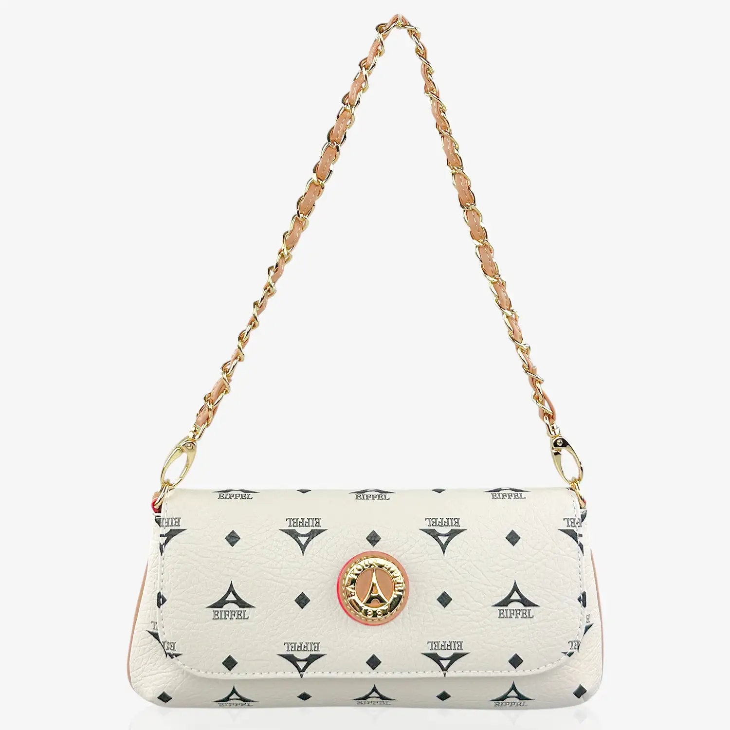 Τσάντα γυναικεία ώμου χιαστί La Tour Eiffel εκρού με πλεκτή αλυσίδα