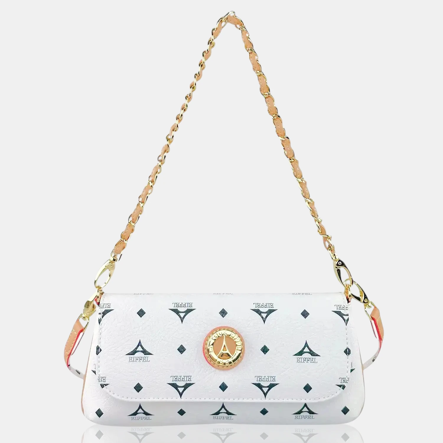 Τσάντα γυναικεία ώμου χιαστί La Tour Eiffel λευκή με πλεκτή αλυσίδα