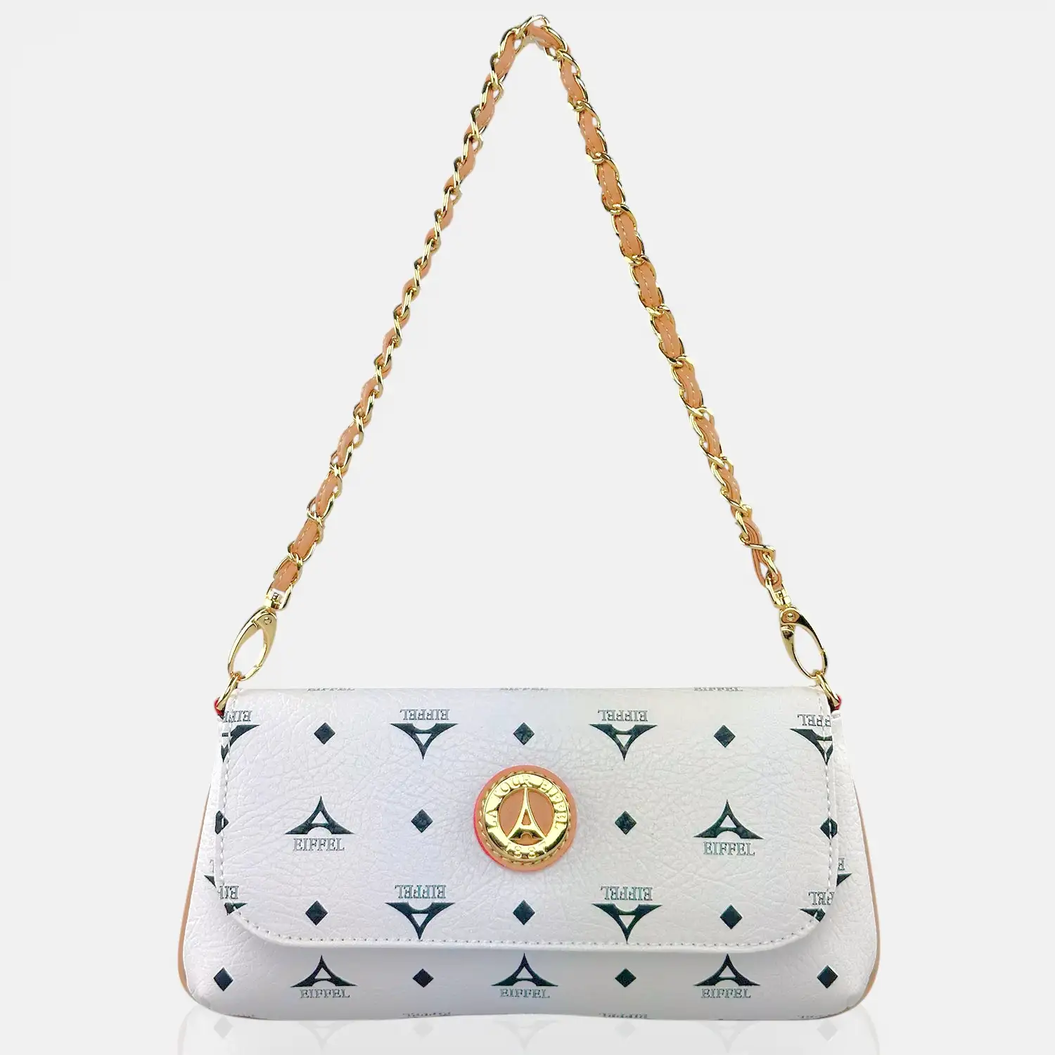 Τσάντα γυναικεία ώμου χιαστί La Tour Eiffel λευκή με πλεκτή αλυσίδα