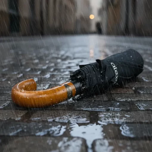 Μαύρη Αυτόματη Σπαστή Ομπρέλα Open/Close με Ξύλινη Λαβή 4149-01