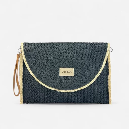 Γυναικεία Ψάθινη Τσάντα Φάκελος Verde 48-0289 Μαύρο