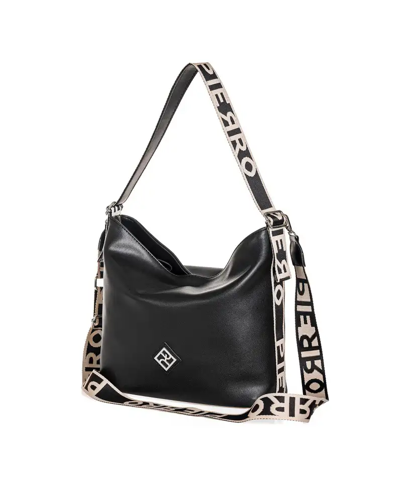 Μαύρη γυναικεία τσάντα ώμου Pierro Accessories με φαρδύ υφασμάτινο λουράκι logo