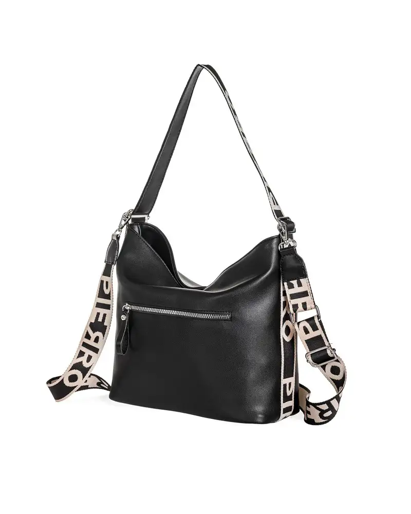 Μαύρη γυναικεία τσάντα ώμου Pierro Accessories με φαρδύ υφασμάτινο λουράκι logo