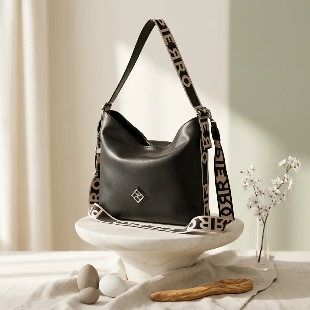 Μαύρη γυναικεία τσάντα ώμου Pierro Accessories με φαρδύ υφασμάτινο λουράκι logo