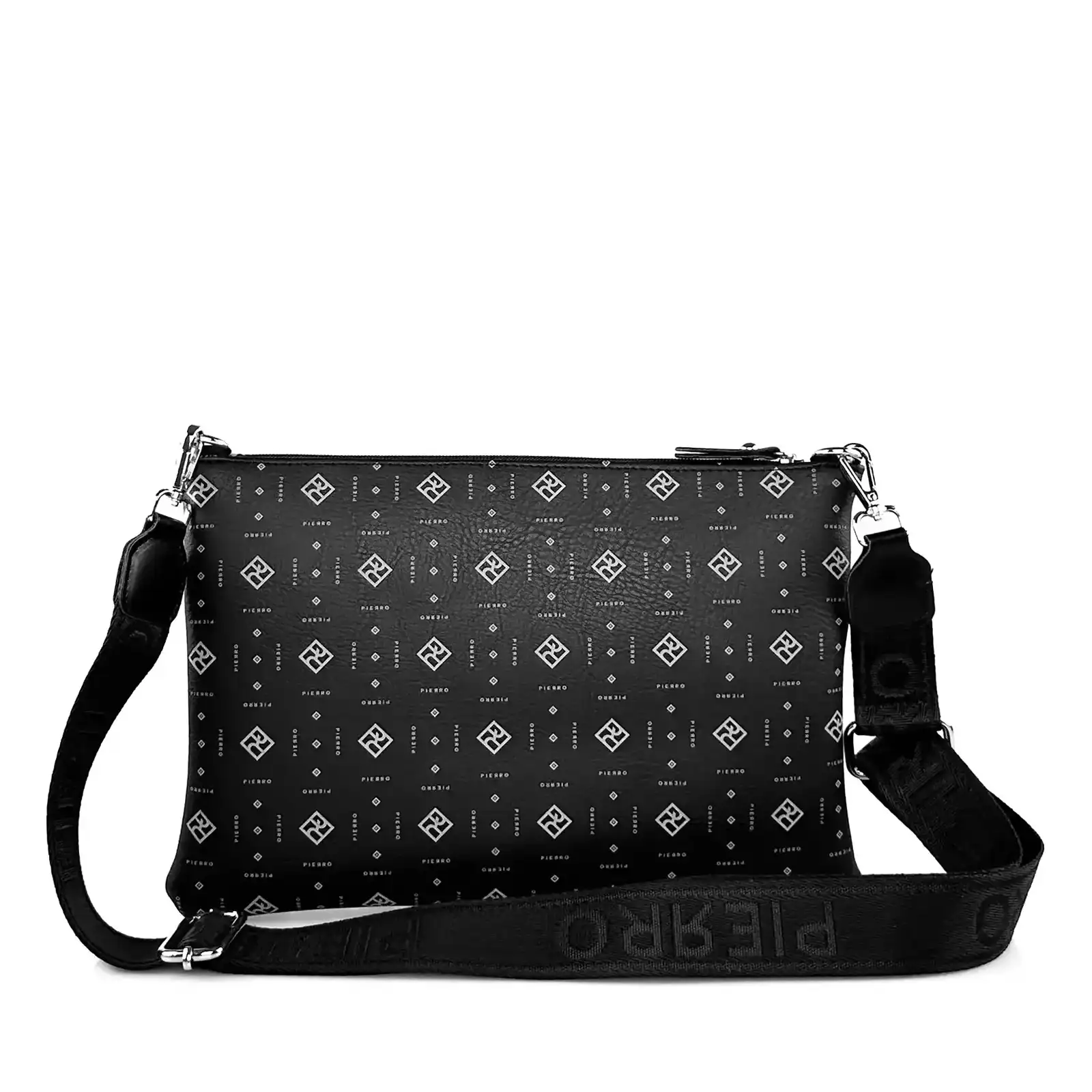 Γυναικεία τσάντα χιαστί Pierro Accessories 90881PM01 Monogram σε μαύρο χρώμα με εξωτερική τσέπη και φερμουάρ.