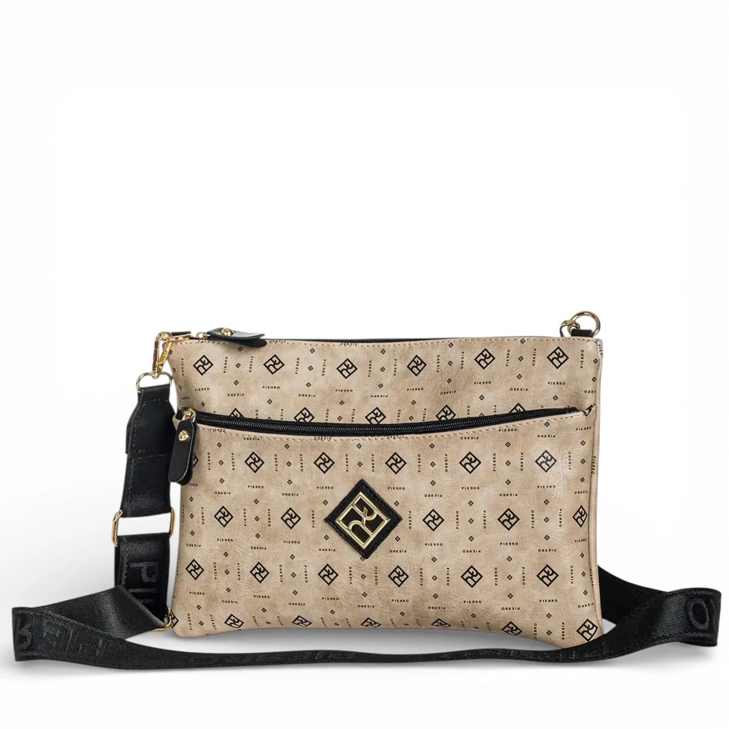 Γυναικεία τσάντα χιαστί Pierro Accessories 90881PM04 Monogram σε πούρου χρώμα με εξωτερική τσέπη και φερμουάρ.