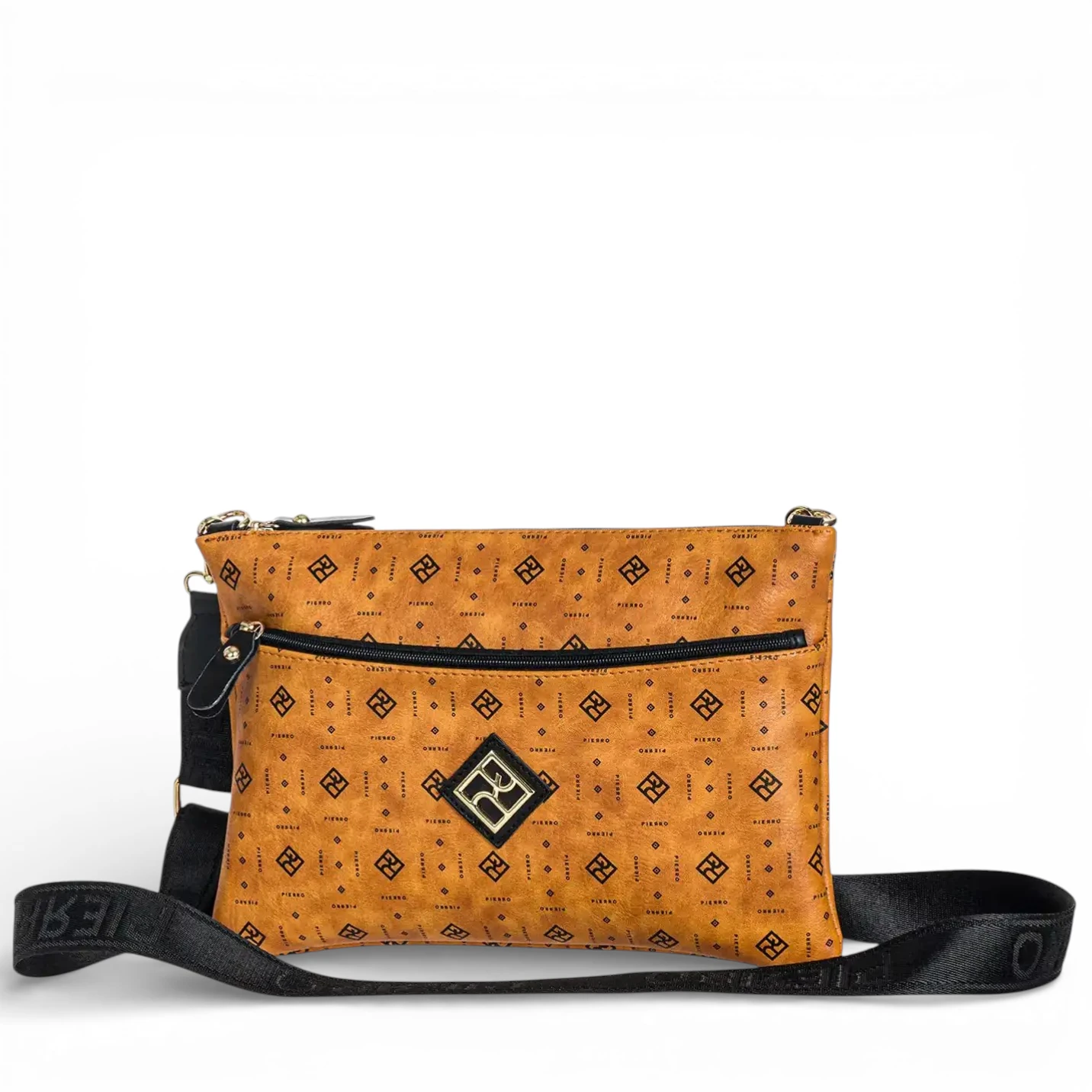 Γυναικεία τσάντα χιαστί Pierro Accessories 90881PM11 Monogram σε ταμπά χρώμα με εξωτερική τσέπη και φερμουάρ.