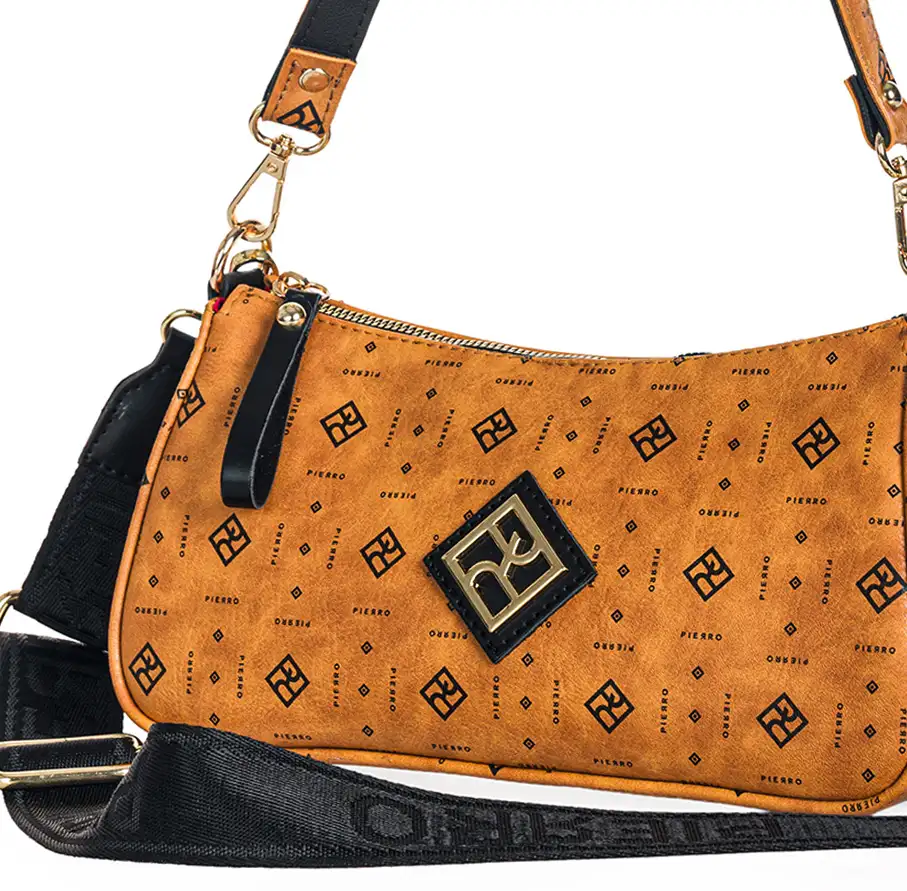 Μικρή γυναικεία τσάντα ώμου και χιαστί Pierro Accessories 90882PM11 Monogram σε ταμπά χρώμα με φερμουάρ.