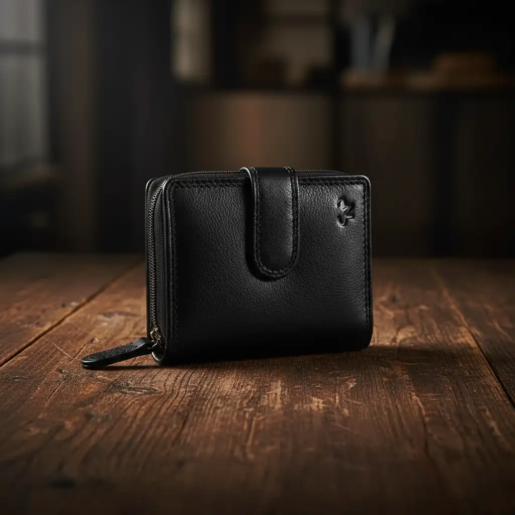 Μικρό δερμάτινο γυναικείο πορτοφόλι Calfnero AK382 σε μαύρο χρώμα με λιτό σχεδιασμό και εξωτερικό φερμουάρ για κέρματα.