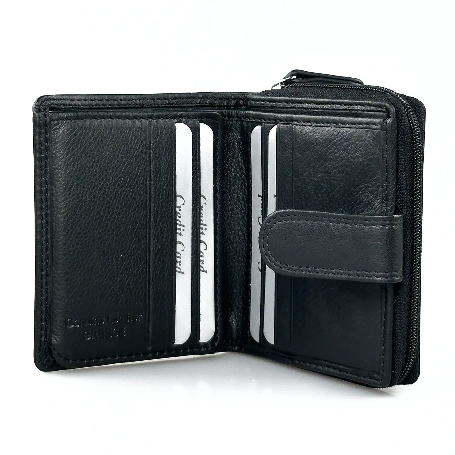 Μικρό δερμάτινο γυναικείο πορτοφόλι Calfnero AK382 σε μαύρο χρώμα με λιτό σχεδιασμό και εξωτερικό φερμουάρ για κέρματα.