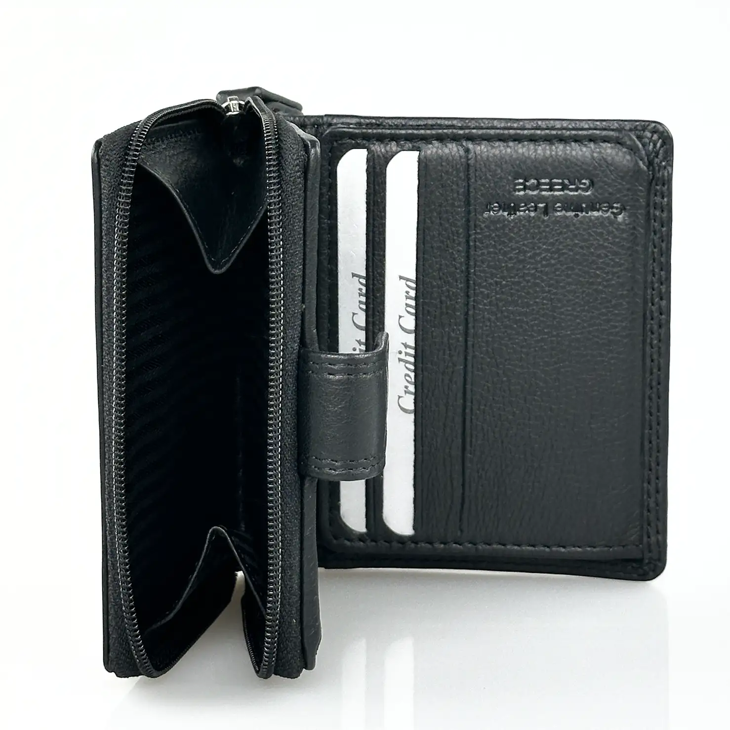 Μικρό δερμάτινο γυναικείο πορτοφόλι Calfnero AK382 σε μαύρο χρώμα με λιτό σχεδιασμό και εξωτερικό φερμουάρ για κέρματα.