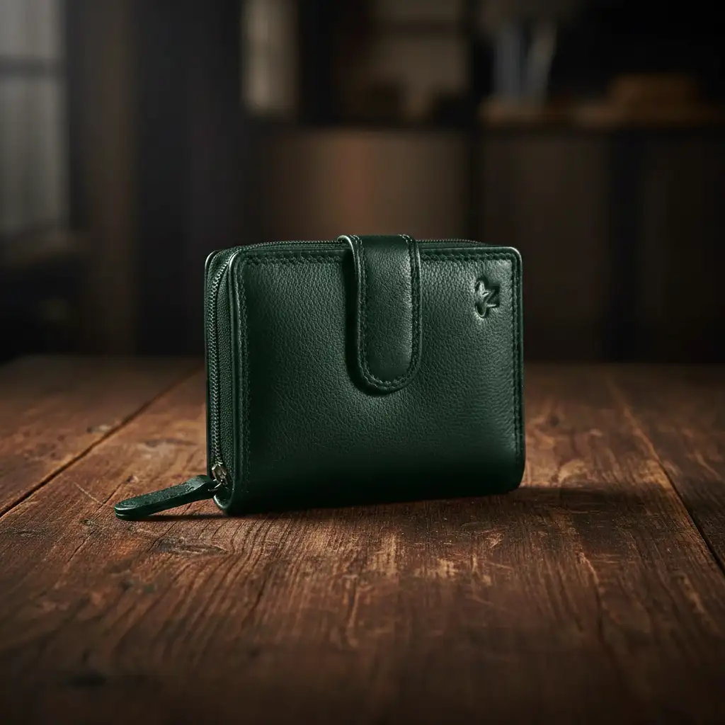 Μικρό δερμάτινο γυναικείο πορτοφόλι Calfnero AK382 σε πράσινο χρώμα με εξωτερική θήκη κερμάτων και κομψό φινίρισμα.