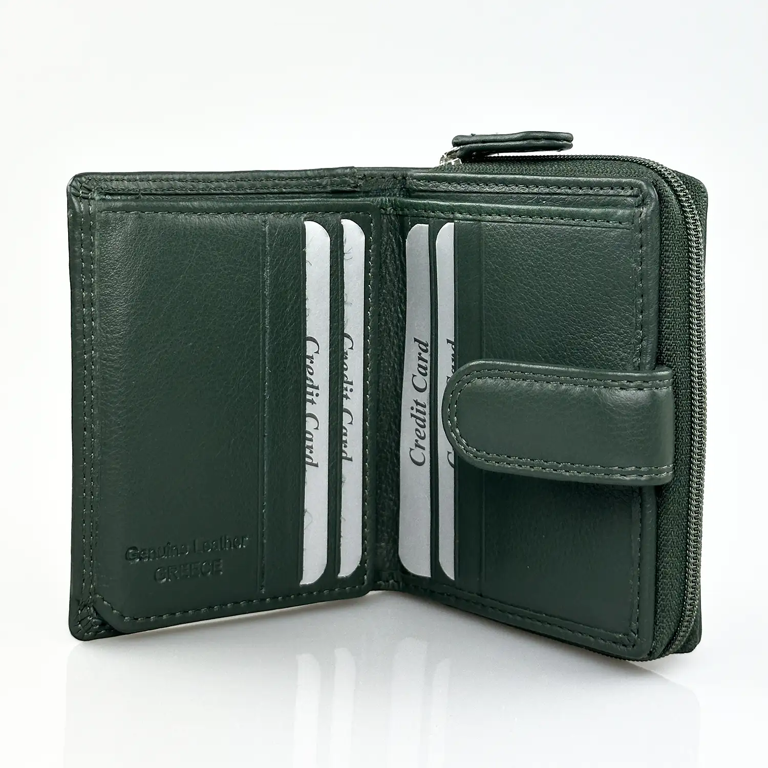 Μικρό δερμάτινο γυναικείο πορτοφόλι Calfnero AK382 σε πράσινο χρώμα με εξωτερική θήκη κερμάτων και κομψό φινίρισμα.