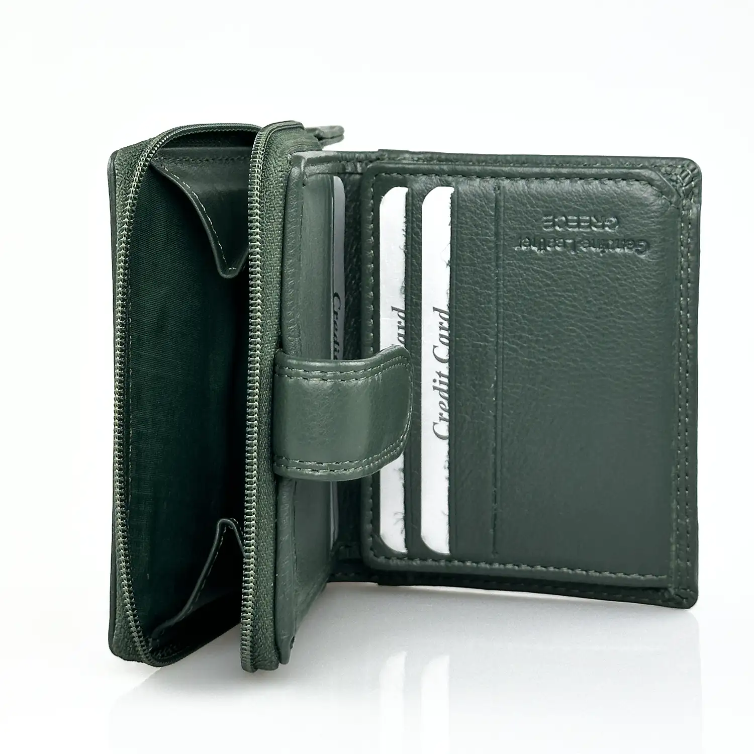 Μικρό δερμάτινο γυναικείο πορτοφόλι Calfnero AK382 σε πράσινο χρώμα με εξωτερική θήκη κερμάτων και κομψό φινίρισμα.