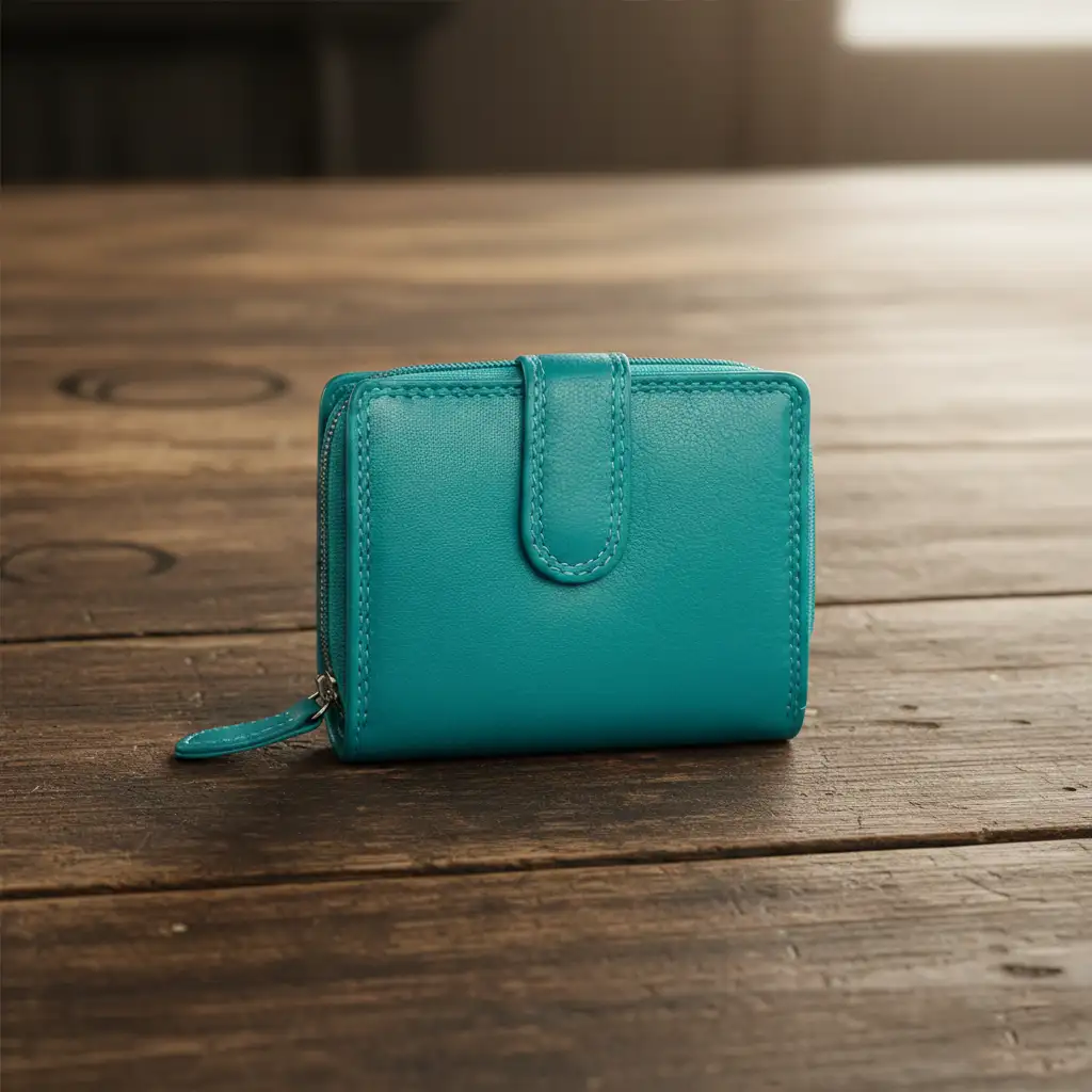 Μικρό δερμάτινο γυναικείο πορτοφόλι Calfnero AK382 σε τιρκουάζ χρώμα με εξωτερική θήκη κερμάτων και κομψό φινίρισμα.