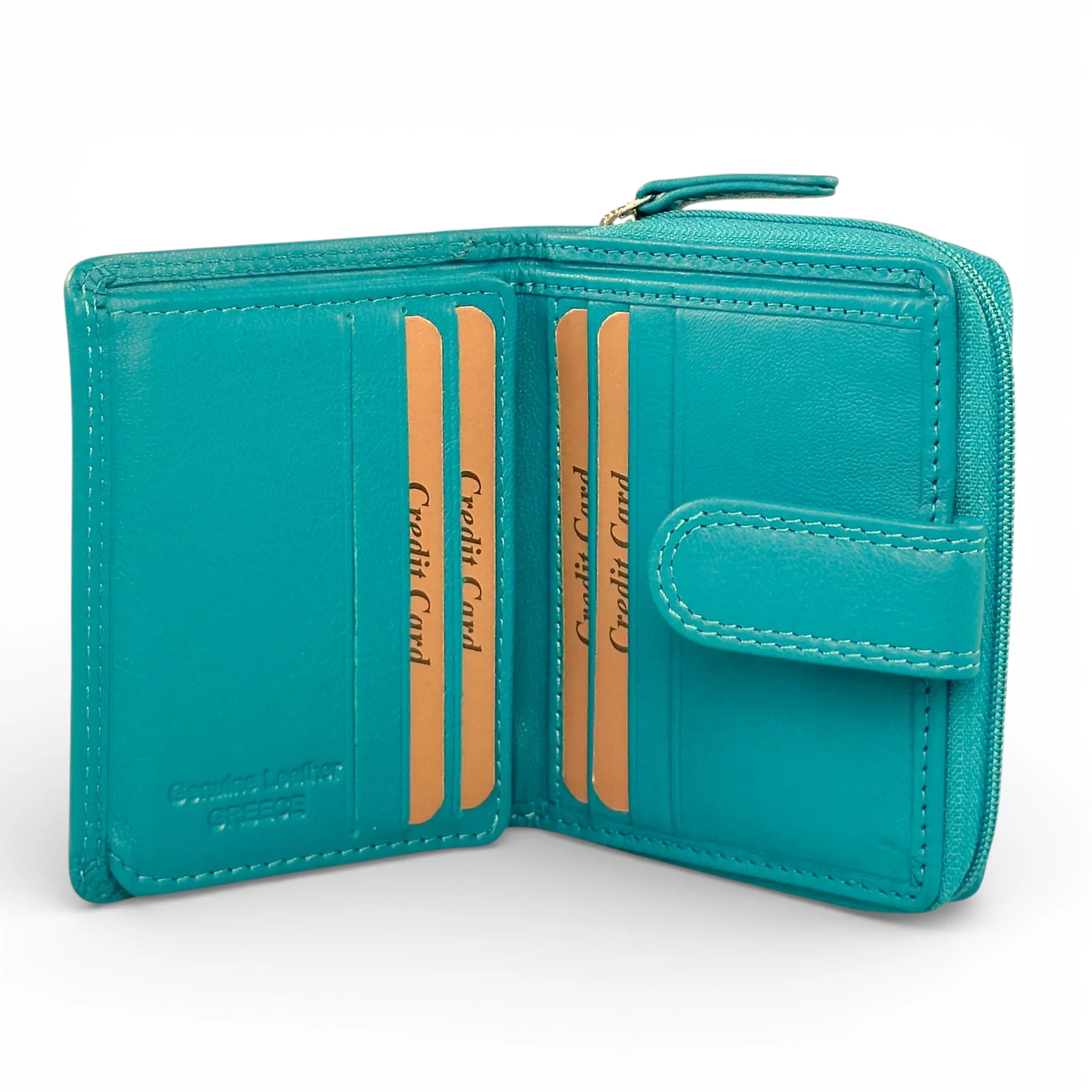 Μικρό δερμάτινο γυναικείο πορτοφόλι Calfnero AK382 σε τιρκουάζ χρώμα με εξωτερική θήκη κερμάτων και κομψό φινίρισμα.