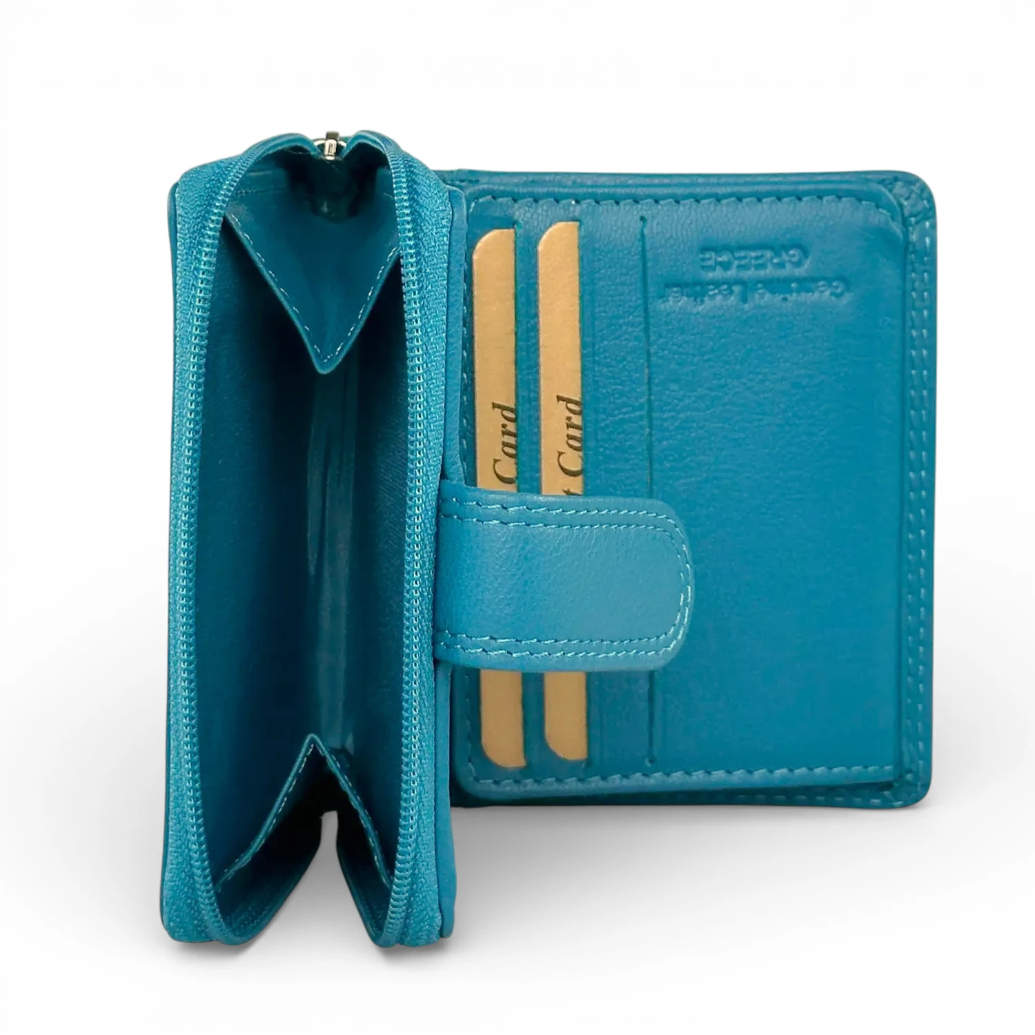 Μικρό δερμάτινο γυναικείο πορτοφόλι Calfnero AK382 σε τιρκουάζ χρώμα με εξωτερική θήκη κερμάτων και κομψό φινίρισμα.
