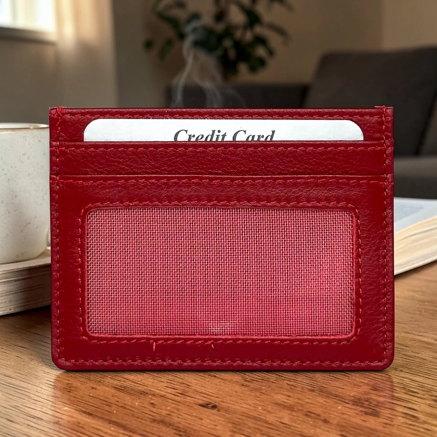 Δερμάτινη slim καρτοθήκη Calfnero C1044 σε κόκκινο χρώμα με 6 θέσεις για πιστωτικές κάρτες και ποιοτική δερμάτινη υφή.