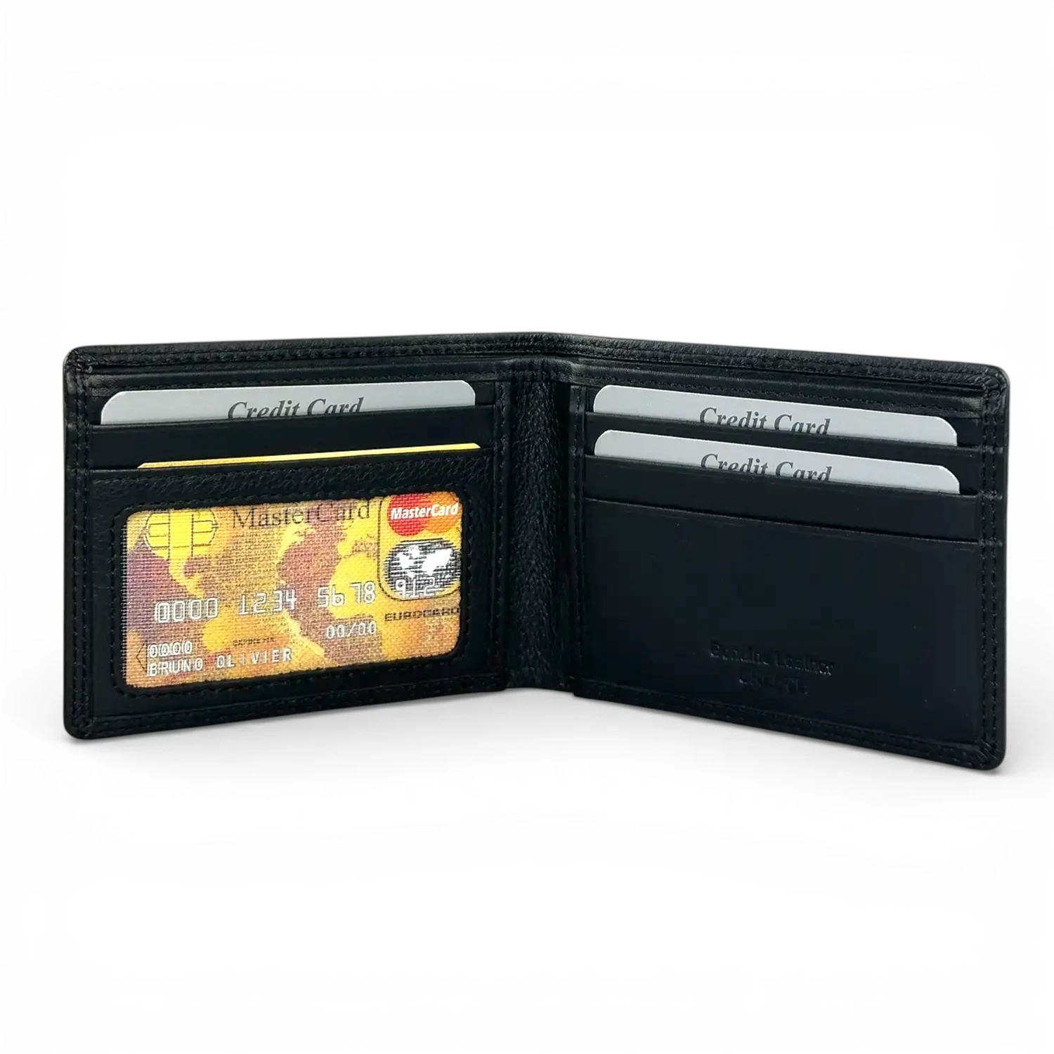 Δερμάτινο ανδρικό πορτοφόλι Calfnero C1348 σε μαύρο χρώμα, ανοιχτό με θέσεις για κάρτες και χαρτονομίσματα.