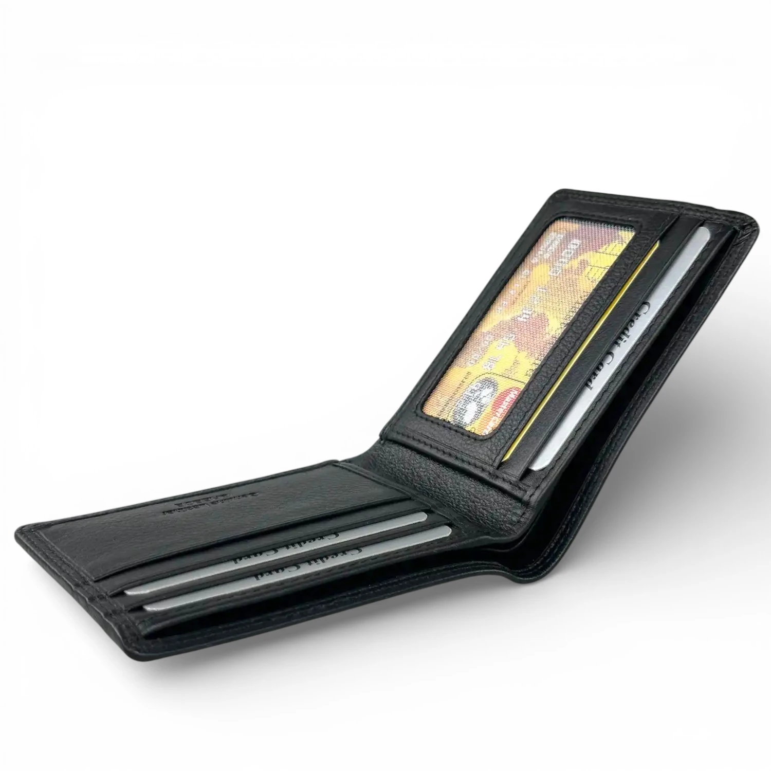 Δερμάτινο ανδρικό πορτοφόλι Calfnero C1348 σε μαύρο χρώμα, ανοιχτό με θέσεις για κάρτες και χαρτονομίσματα.