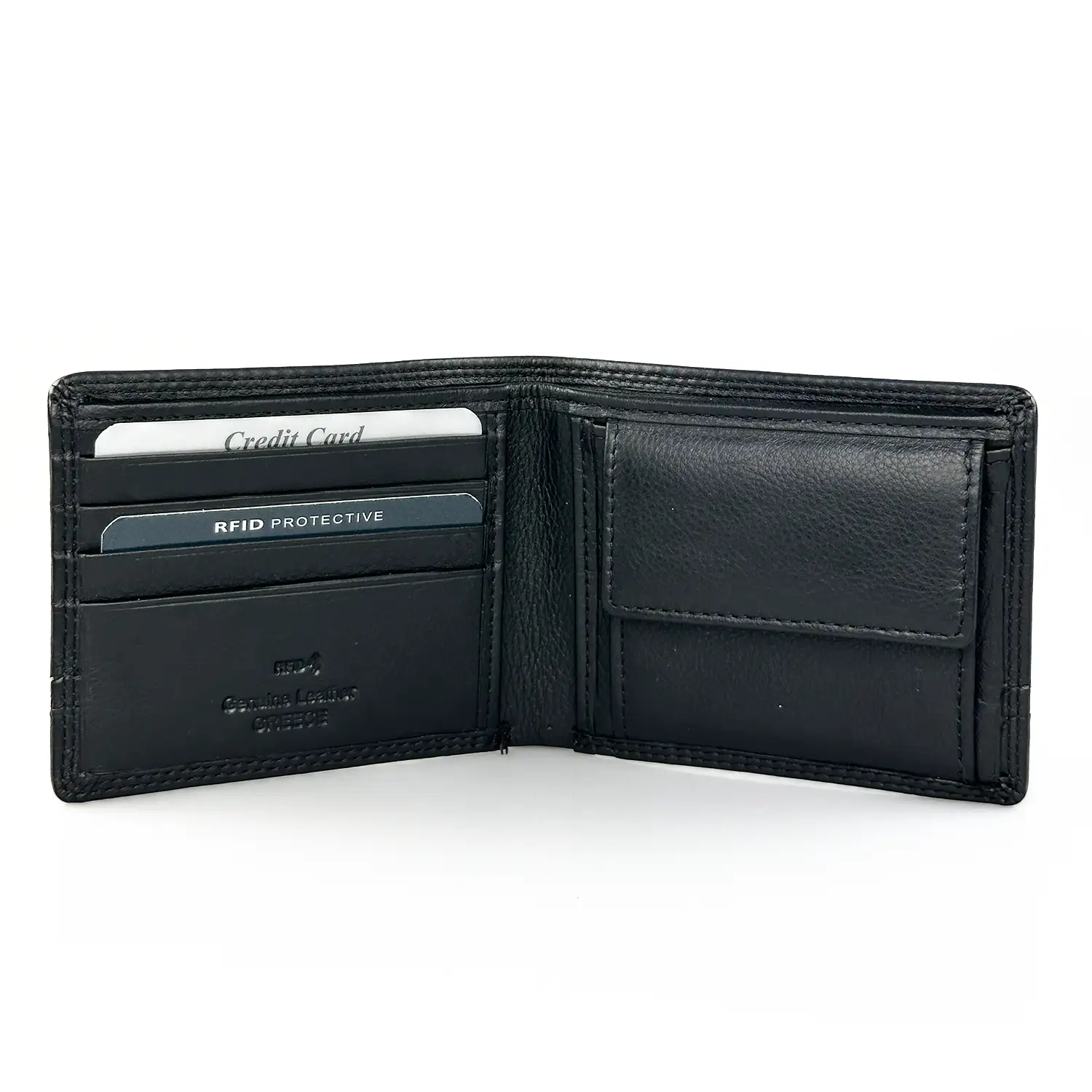 Δερμάτινο ανδρικό πορτοφόλι Calfnero C1349 σε μαύρο χρώμα με εσωτερική θήκη κερμάτων και κλασικό σχεδιασμό.