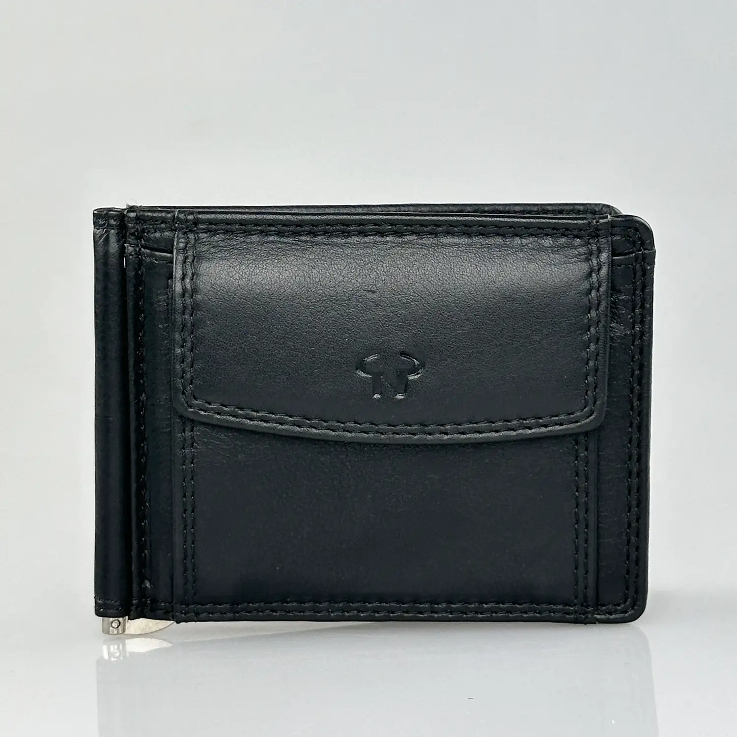 Δερμάτινο ανδρικό πορτοφόλι Calfnero C1470 μαύρο με μεταλλικό έλασμα χαρτονομισμάτων και θήκη για κέρματα.