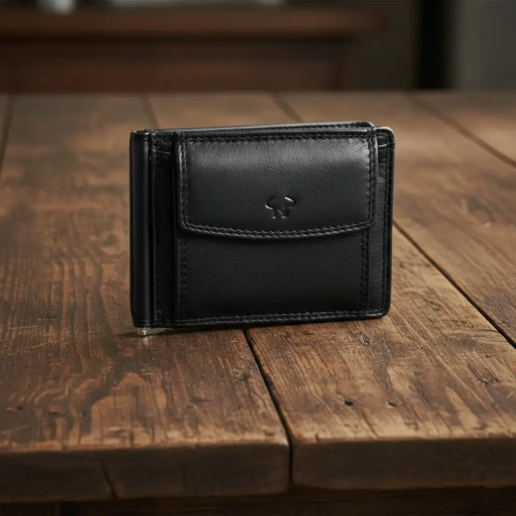 Δερμάτινο ανδρικό πορτοφόλι Calfnero C1470 μαύρο με μεταλλικό έλασμα χαρτονομισμάτων και θήκη για κέρματα.