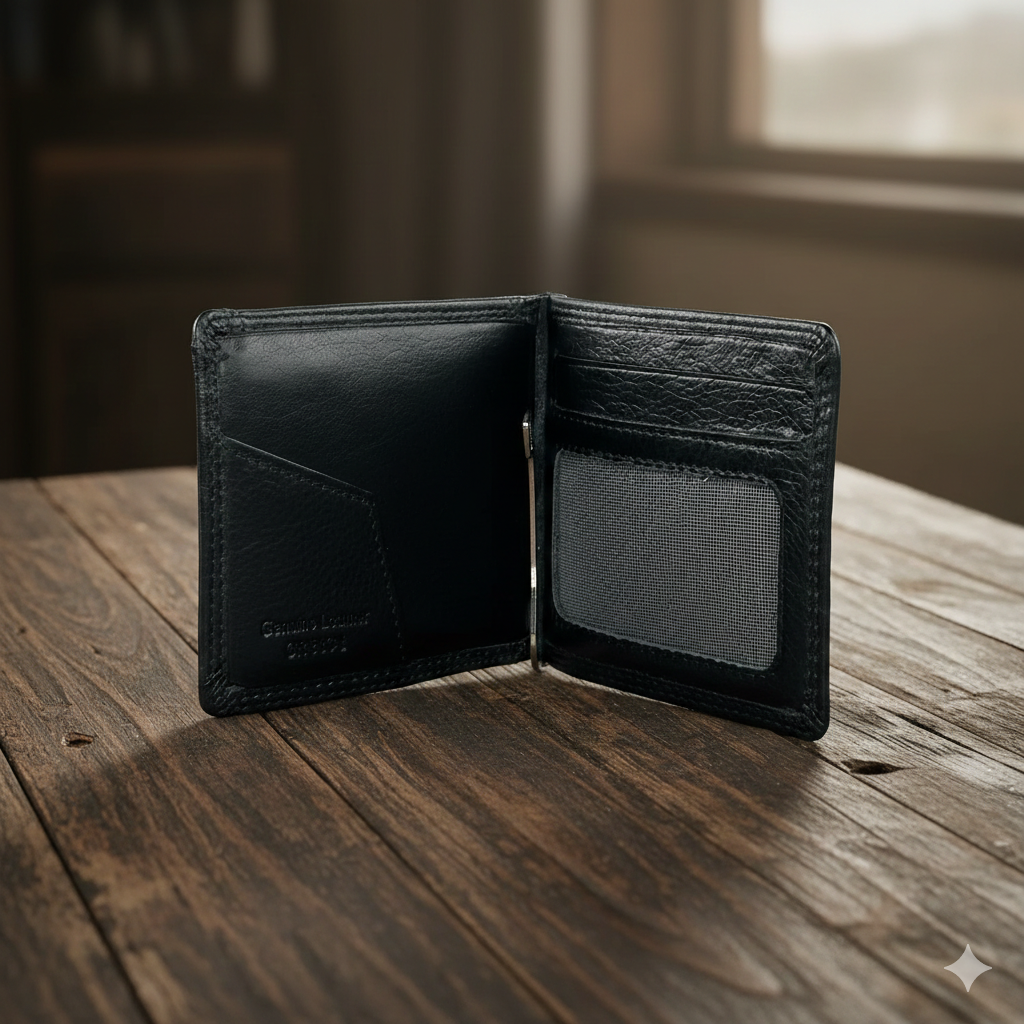 Δερμάτινο ανδρικό πορτοφόλι Calfnero C1470 μαύρο με μεταλλικό έλασμα χαρτονομισμάτων και θήκη για κέρματα.